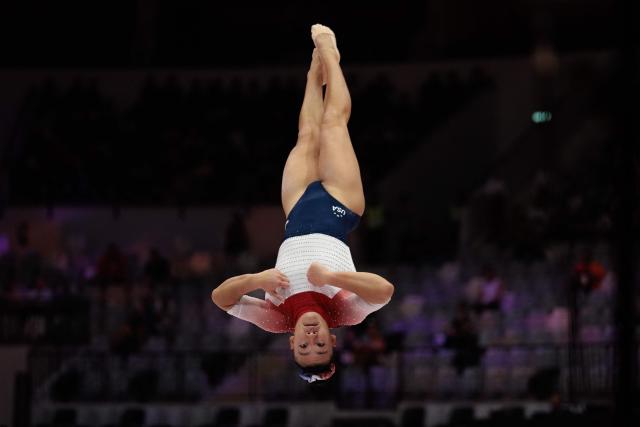 USA's Leanne Wong competes on the floor exercise during the women's qualifying session at the 53rd FIG Artistic Gymnastics World Championships in Jakarta on October 21, 2025. (Photo by Yasuyoshi CHIBA / AFP)