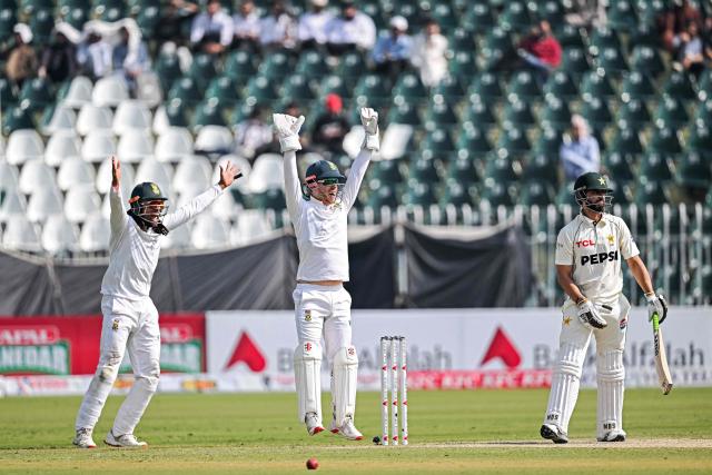 South Africa's Kyle Verreynne (C) and Tony de Zorzi successfully appeal for leg before wicket (LBW) against Pakistan's Salman Agha during the second day of the second Test cricket match between Pakistan and South Africa at the Rawalpindi Cricket Stadium in Rawalpindi on October 21, 2025. (Photo by Aamir QURESHI / AFP)