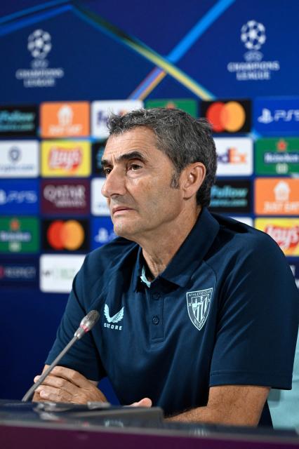 Athletic Bilbao's Spanish coach Ernesto Valverde gives a press conference on the eve of the UEFA Champions League, League Phase - Match day 3 football match between Athletic Club Bilbao and Garabagh at San Mames Stadium in Bilbao on October 21, 2025. (Photo by ANDER GILLENEA / AFP)