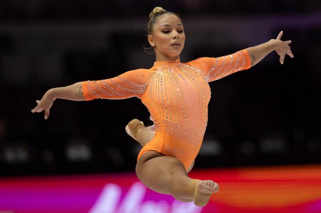 Brazil's Flavia Saraiva competes on the floor exercise during the women's qualifying session at the 53rd FIG Artistic Gymnastics World Championships in Jakarta on October 21, 2025. (Photo by Yasuyoshi CHIBA / AFP)