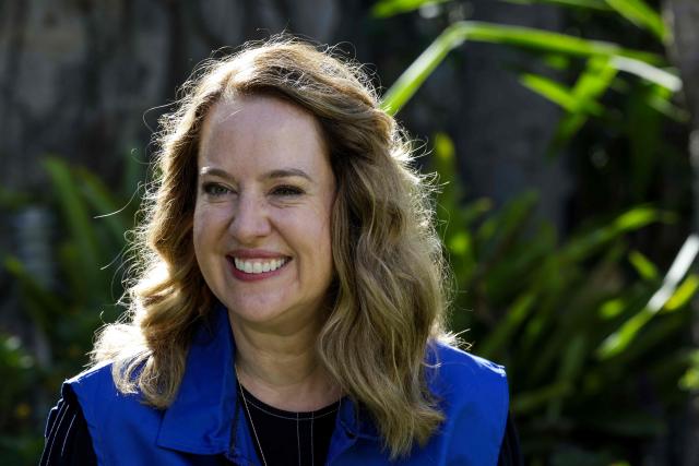 Amy Pope, the director general of the International Organization for Migration (IOM), poses for a picture during an interview with AFP in Rabat on October 21, 2025. (Photo by Abdel Majid BZIOUAT / AFP)