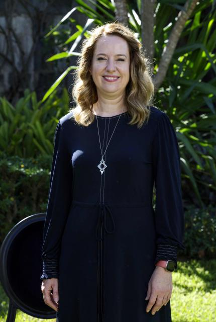 Amy Pope, the director general of the International Organization for Migration (IOM), poses for a picture during an interview with AFP in Rabat on October 21, 2025. (Photo by Abdel Majid BZIOUAT / AFP)
