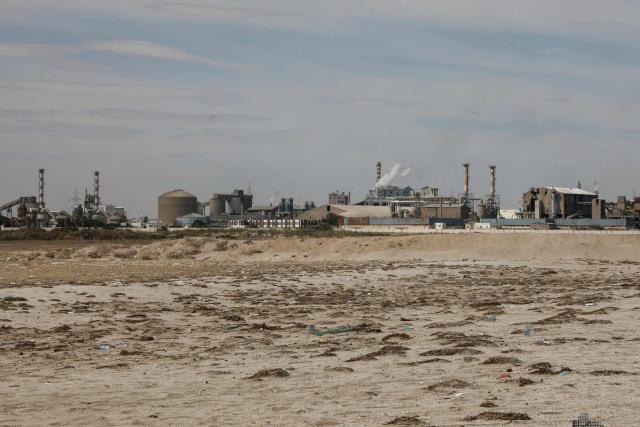 This photograph shows sections of a state-run phosphate processing plant in the southern city of Gabes on October 21, 2025. Workers in Gabes launched a general strike on October 21 following weeks of protest over the chemical factory residents blame for a spike in serious health issues. (Photo by Mohamed KHALIL / AFP)