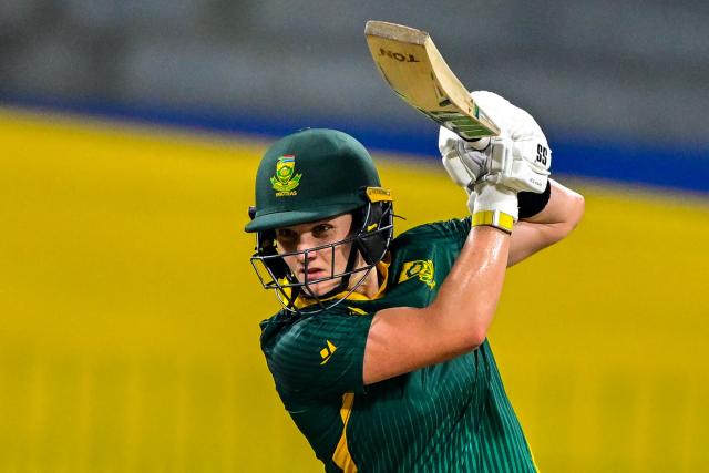 South Africa's captain Laura Wolvaardt plays a shot during the ICC Women's Cricket World Cup 2025 one-day international (ODI) match between Pakistan and South Africa at the R. Premadasa International Cricket Stadium in Colombo on October 21, 2025. (Photo by Ishara S. KODIKARA / AFP)