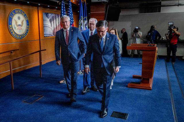 US Speaker of the House Mike Johnson, Republican from Louisiana, departs a news conference at the US Capitol in Washington, DC, on October 21, 2025. The US government shutdown dragged into a third week, with Congress gridlocked in a clash over spending and no resolution in sight to a crisis that has already cost thousands of jobs. (Photo by DANIEL HEUER / AFP)