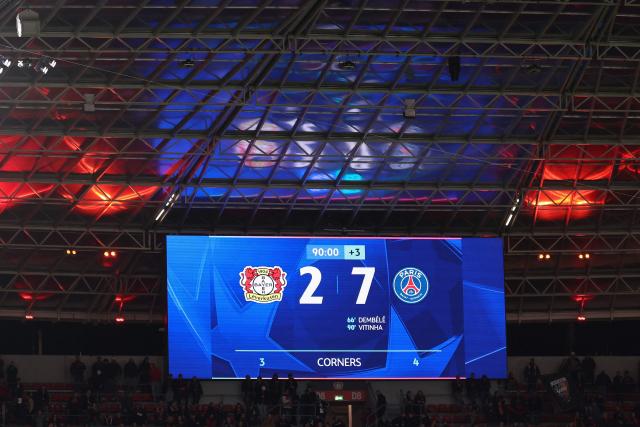 The final score of 2-7 is seen on the scoreboard during the UEFA Champions League football match between Bayer 04 Leverkusen and Paris Saint-Germain (PSG) at the BayArena stadium in Leverkusen, western Germany on October 21, 2025. (Photo by FRANCK FIFE / AFP)