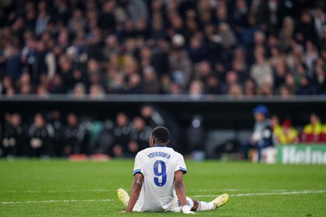 FC Copenhagen's German forward #09 Youssoufa Moukoko reacts during the UEFA Champions League football match between FC Copenhagen and BVB Borussia Dortmund in Copenhagen on October 21, 2025. (Photo by Liselotte Sabroe / Ritzau Scanpix / AFP) / Denmark OUT