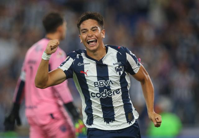 Monterrey's forward #192 Joaquin Moxica celebrates after scoring his team's fourth goal during the Liga MX Apertura football match between Monterrey and Juarez at the BBVA Stadium in Monterrey, Mexico, on October 21, 2025. (Photo by Yuri CORTEZ / AFP)