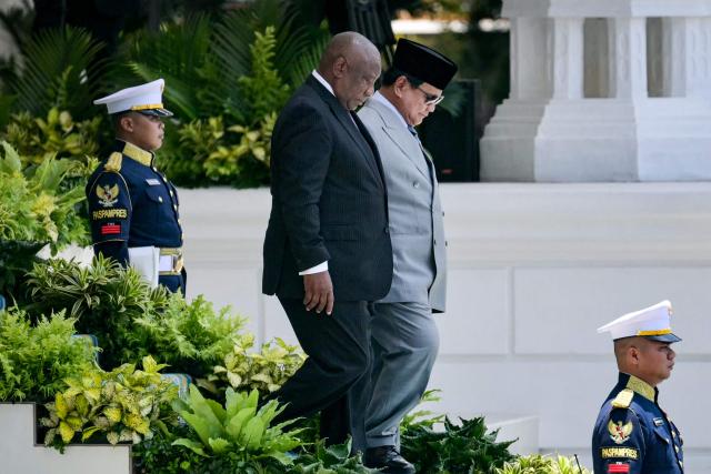 South Africa’s President Cyril Ramaphosa (front) and Indonesia’s President Prabowo Subianto walk to inspect an honour guard before their bilateral meeting at the presidential palace in Jakarta on October 22, 2025. (Photo by Bay ISMOYO / AFP)