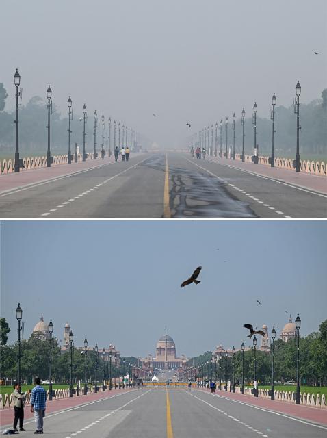 (COMBO) This combination of pictures created on October 22, 2025 shows (above) pedestrians walking as a thick smog engulfs the Kartavya Path across India's presidential palace, Rashtrapati Bhavan, near India Gate in New Delhi on October 22, 2025 and (below) pedestrians walking under a clear blue sky at the Kartavya Path across India's presidential palace, Rashtrapati Bhavan, near India Gate in New Delhi on October 9, 2025. Toxic air in India's capital hit more than 56 times the UN health limit early on October 21, after fireworks for the Hindu festival of Diwali worsened air pollution. (Photo by Sajjad HUSSAIN / AFP)