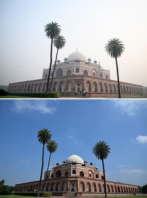 (COMBO) This combination of pictures created on October 22, 2025 shows (above) the Mughal monument Humayun's Tomb engulfed in thick smog in New Delhi on October 22, 2025 and (below) a clear blue sky above the Mughal monument Humayun's Tomb in New Delhi on October 7, 2025. Toxic air in India's capital hit more than 56 times the UN health limit early on October 21, after fireworks for the Hindu festival of Diwali worsened air pollution. (Photo by Sajjad HUSSAIN / AFP)