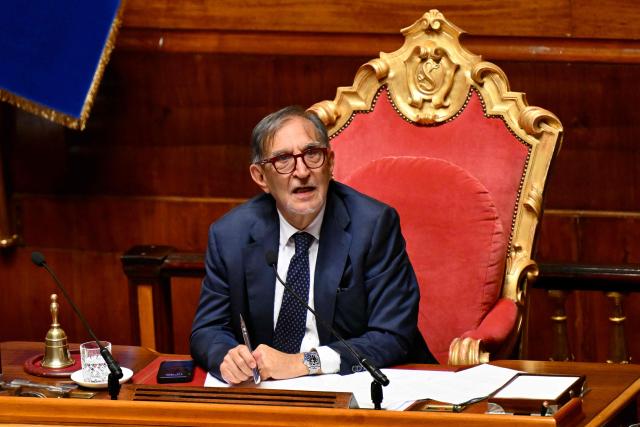 Ignazio La Russa, President of the Senate, speaks during a session on the eve of an European Council, in Rome on October 22, 2025. (Photo by Alberto PIZZOLI / AFP)