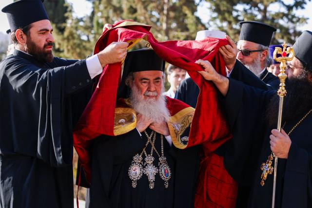 Greek Orthodox Patriarch of Jerusalem Theophilos III leads a mass at the Russian Church to mark the 100th anniversary of the church’s establishment in the occupied West Bank city of Hebron on October 22, 2025. (Photo by Hazem BADER / AFP)