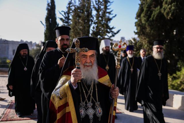 Greek Orthodox Patriarch of Jerusalem Theophilos III leads a mass at the Russian Church to mark the 100th anniversary of the church’s establishment in the occupied West Bank city of Hebron on October 22, 2025. (Photo by Hazem BADER / AFP)