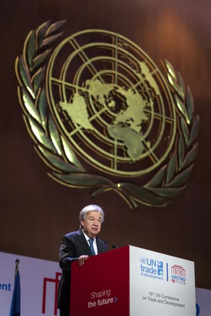 UN Secretary General Antonio Guterres adresses the audience during the 16th United Nations Trade and Development (UNCTAD) ministerial conference, in Geneva on October 22, 2025. (Photo by Fabrice COFFRINI / AFP)