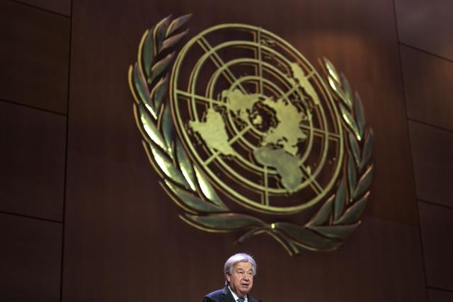 TOPSHOT - UN Secretary General Antonio Guterres adresses the audience during the 16th United Nations Trade and Development (UNCTAD) ministerial conference, in Geneva on October 22, 2025. (Photo by Fabrice COFFRINI / AFP)