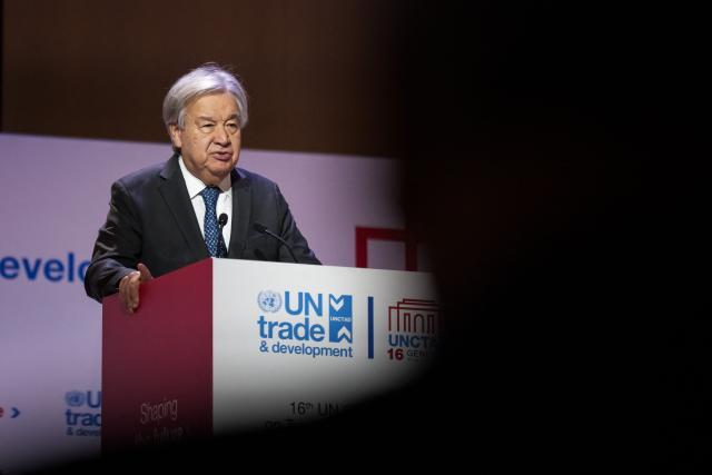 UN Secretary General Antonio Guterres adresses the audience during the 16th United Nations Trade and Development (UNCTAD) ministerial conference, in Geneva on October 22, 2025. (Photo by Fabrice COFFRINI / AFP)