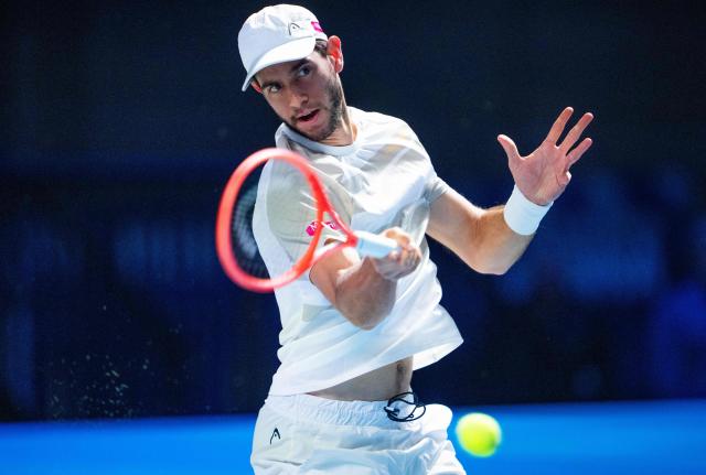 Portugal's Nuno Borges returns the ball to Russia's Daniil Medvedev during their men's singles match of the ATP Vienna Open tennis tournament in Vienna, Austria, on October 22, 2025. (Photo by GEORG HOCHMUTH / APA / AFP) / Austria OUT