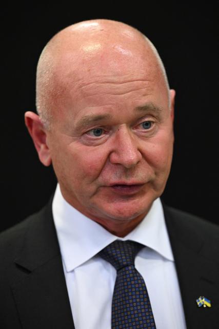 The president and CEO of Swedish defense and security giant SAAB Micael Johansson answers journalists after a joint press conference of the Swedish Prime Minister and the Ukrainian President in Linkoping, Sweden, on October 22, 2025. Swedish Prime Minister Ulf Kristersson said on october 22 that Sweden and Ukraine had signed a letter of intent to develop air capabilities, which could see Ukraine buy up to 150 Gripen fighter jets. (Photo by Jonathan Nackstrand / AFP)