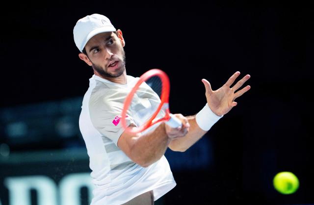 Portugal's Nuno Borges returns the ball to Russia's Daniil Medvedev during their men's singles match of the ATP Vienna Open tennis tournament in Vienna, Austria, on October 22, 2025. (Photo by GEORG HOCHMUTH / APA / AFP) / Austria OUT