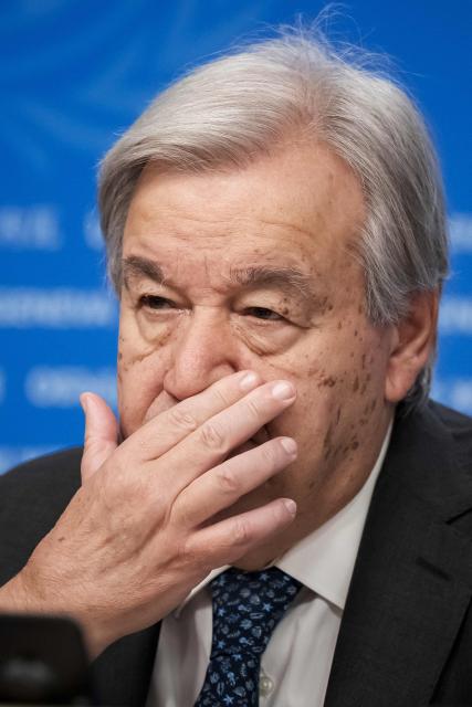 UN Secretary General Antonio Guterres gestures during a press conference, part of the 16th United Nations Trade and Development (UNCTAD) ministerial conference, in Geneva on October 22, 2025. (Photo by Fabrice COFFRINI / AFP)