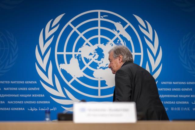 UN Secretary General Antonio Guterres leaves after holding a press conference, part of the 16th United Nations Trade and Development (UNCTAD) ministerial conference, in Geneva on October 22, 2025. (Photo by Fabrice COFFRINI / AFP)