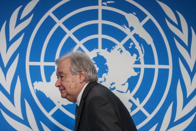 UN Secretary General Antonio Guterres leaves after holding a press conference, part of the 16th United Nations Trade and Development (UNCTAD) ministerial conference, in Geneva on October 22, 2025. (Photo by Fabrice COFFRINI / AFP)