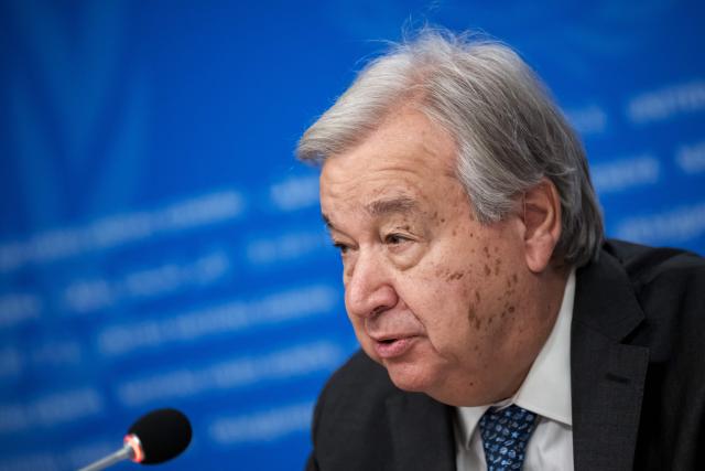 UN Secretary General Antonio Guterres addresses the audience during a press conference, part of the 16th United Nations Trade and Development (UNCTAD) ministerial conference, in Geneva on October 22, 2025. (Photo by Fabrice COFFRINI / AFP)