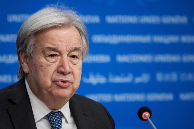 UN Secretary General Antonio Guterres addresses the audience during a press conference, part of the 16th United Nations Trade and Development (UNCTAD) ministerial conference, in Geneva on October 22, 2025. (Photo by Fabrice COFFRINI / AFP)