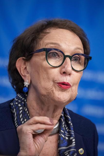United Nations Trade and Development (UNCTAD) secretary-general Rebeca Grynspan speaks during a press conference, part of the 16th United Nations Trade and Development (UNCTAD) ministerial conference, in Geneva on October 22, 2025. (Photo by Fabrice COFFRINI / AFP)