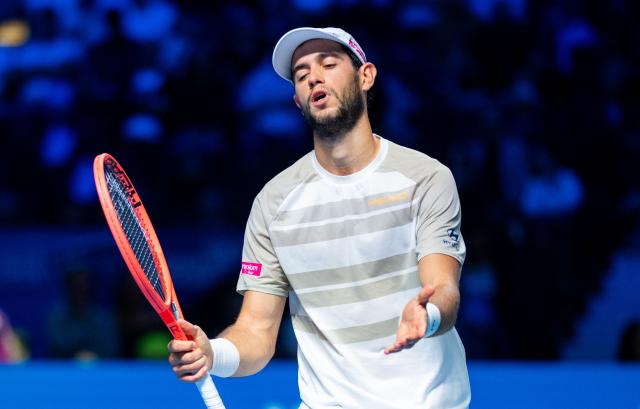 Portugal's Nuno Borges reacts during the men's singles match of the ATP Vienna Open tennis tournament against Russia's Daniil Medvedev (not in picture) in Vienna, Austria, on October 22, 2025. (Photo by GEORG HOCHMUTH / APA / AFP) / Austria OUT