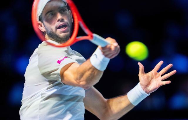 Portugal's Nuno Borges returns the ball to Russia's Daniil Medvedev (not in picture)  during their men's singles match of the ATP Vienna Open tennis tournament in Vienna, Austria, on October 22, 2025. (Photo by GEORG HOCHMUTH / APA / AFP) / Austria OUT