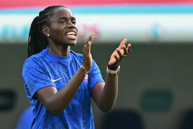 (FILES) France's defender #19 Griedge Mbock Bathy gestures as she takes part in a warm-up session ahead of the UEFA Women's Euro 2025 quarter finals football match between France and Germany at the Parc Saint-Jacques (St. Jakob Park) stadium in Basel, on July 19, 2025. France's national women team's captain Griedge Mbock, 30, began a psychology degree in September alongside her season at PSG so she could become a sports psychologist at the end of her career, she told AFP in an interview on October 22, 2025. (Photo by SEBASTIEN BOZON / AFP)
