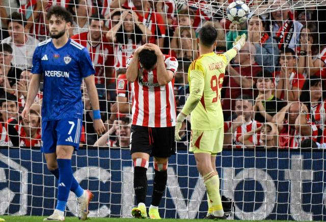Athletic Bilbao's Spanish defender #04 Aitor Paredes reacts to missing a goal opportunity during the UEFA Champions League league phase day 3 football match between Athletic Club Bilbao and Qarabagh at San Mames Stadium in Bilbao on October 22, 2025. (Photo by ANDER GILLENEA / AFP)