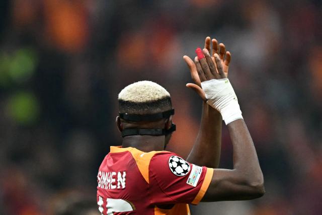 Galatasaray's Nigerian forward #45 Victor Osimhen reacts during the UEFA Champions League, league phase - day 3, football match between Galatasaray SK and Bodo/Glimt at the Rams Park in Istanbul on October 22, 2025. (Photo by Ozan KOSE / AFP)