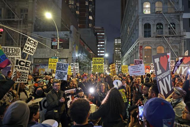 People demonstrate against Immigration and Customs Enforcement (ICE) in New York on October 22, 2025. US President Donald Trump has made deporting undocumented immigrants a key priority for his second term, after successfully campaigning against an alleged "invasion" by criminals. (Photo by TIMOTHY A. CLARY / AFP)
