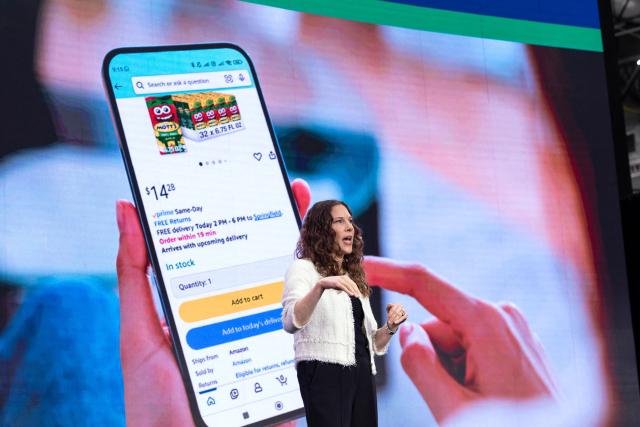 Sarah Mathew, vice president of Amazon Delivery Experience, speaks during Amazon's "Delivering the Future" presentation at DUR3 Delivery Station in Milpitas, California on October 22, 2025. (Photo by Laure Andrillon / AFP)