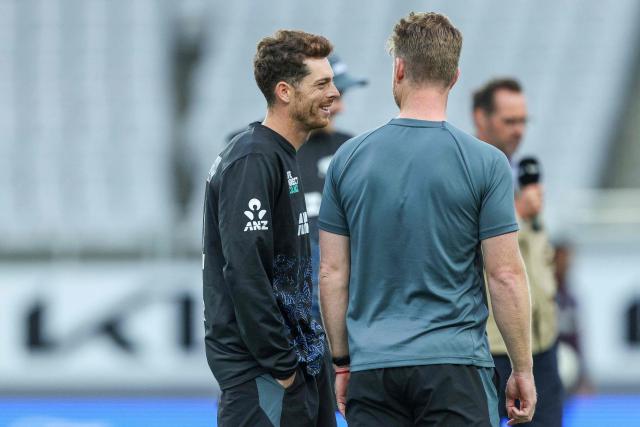 New Zealand's Mitchell Santner is seen before the start of the third Twenty20 international cricket match between New Zealand and England at Eden Park in Auckland on October 23, 2025. (Photo by DJ MILLS / AFP)