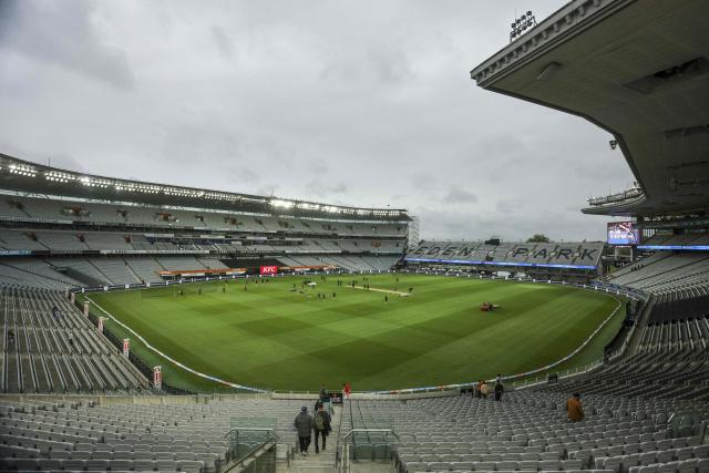A general view of the pitch before the start of the third Twenty20 international cricket match between New Zealand and England at Eden Park in Auckland on October 23, 2025. (Photo by DJ MILLS / AFP)