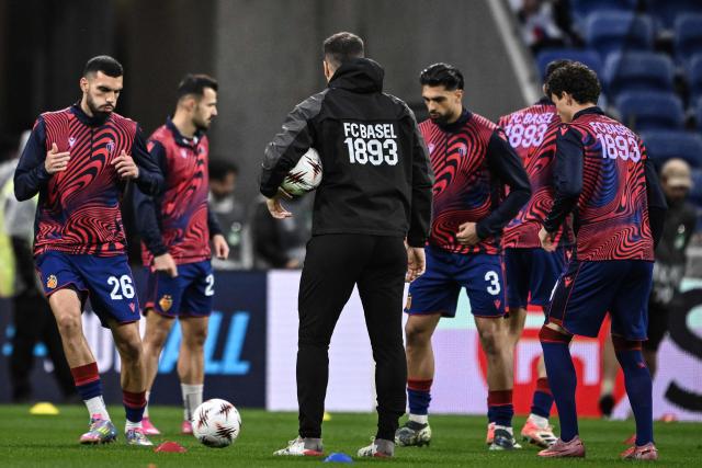 Basel's players take part in a training session ahead of the UEFA Europa League football match between Olympique Lyonnais (OL) and FC Basel at the Groupama Stadium in Decines-Charpieu, central-eastern France on October 23, 2025. (Photo by JEFF PACHOUD / AFP)