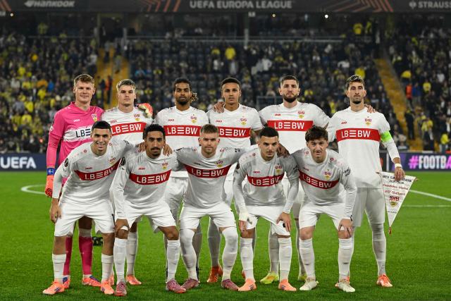 Stuttgart's players pose for a photograph ahead of the UEFA Europa League 1st round day 3 football match between Fenerbahce and Stuttgart at the Chobani Stadium, in Istanbul, on October 23, 2025. (Photo by Yasin AKGUL / AFP)