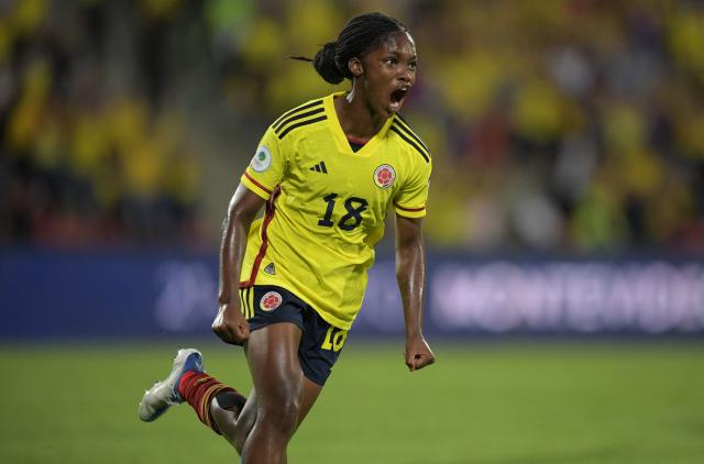 (FILES) Colombia's Linda Caicedo celebrates after scoring against Argentina during the Conmebol 2022 women's Copa America football tournament semifinal match at the Alfonso Lopez stadium in Bucaramanga, Colombia, on July 25, 2022. Nine women's national teams are lacing up their boots for a historic step: the first South American World Cup qualifying tournament, which experts predict will have new "seasonings" to elevate the competition in women's soccer. (Photo by Raul ARBOLEDA / AFP)