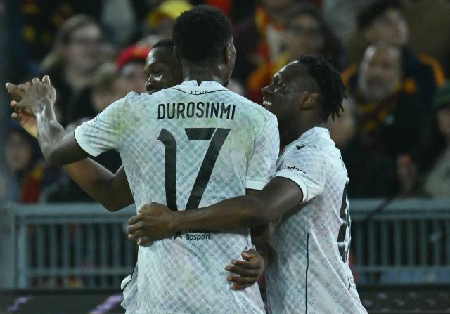 Viktoria Plzen's French midfielder #19 Cheick Souare celebrates scoring his team's second goal during the UEFA Europa League first round day 3 football match between AS Roma and FC Viktoria Plzen, at the Olympic stadium in Rome, on October 23, 2025. (Photo by Filippo MONTEFORTE / AFP)
