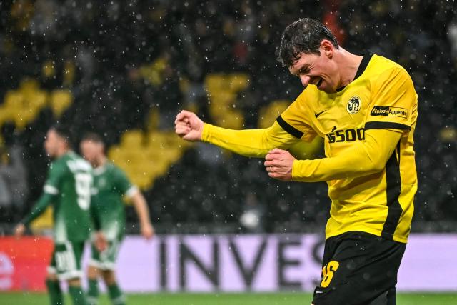 Young Boys' Swiss midfielder #16 Christian Fassnacht celebrates scoring his team's second goal during the UEFA Europa League first round day 3 football match between Young Boys and Ludogorets Razgra at Stadion Wankdorf in Bern on October 23, 2025. (Photo by Fabrice COFFRINI / AFP)