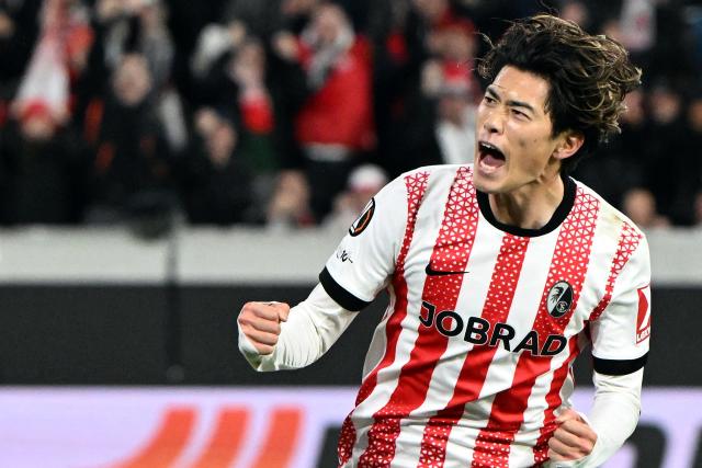 Freiburg's Japanese midfielder #14 Yuito Suzuki celebrates scoring his team's first goal during the UEFA Europa League first round - day 3 football match between SC Freiburg and FC Utrecht in Freiburg, southwestern Germany on October 23, 2025. (Photo by THOMAS KIENZLE / AFP)