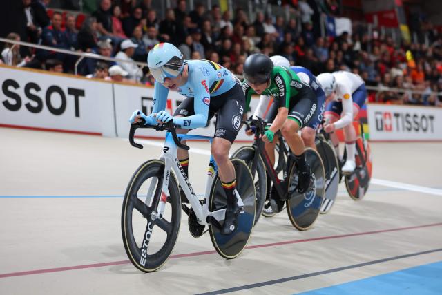 Belgium's #47 Helene Hesters competes in the women's elimination race final event of the 2025 UCI Track World Championships at the Penalolen Velodrome, in Santiago, on October 23, 2025. (Photo by Javier TORRES / AFP)
