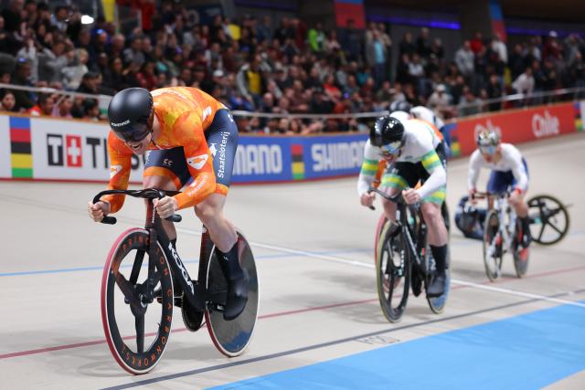Netherlands' #168 Harrie Lavreysen competes in the men's keirin final event of the 2025 UCI Track World Championships at the Penalolen Velodrome, in Santiago, on October 23, 2025. (Photo by Javier TORRES / AFP)