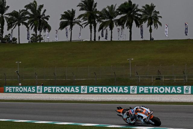 BK8 Gresini Racing's Spanish rider Alex Marquez rides during the first free practice of the MotoGP Malaysian Grand Prix at the Sepang International Circuit in Sepang on October 24, 2025. (Photo by Lillian SUWANRUMPHA / AFP)