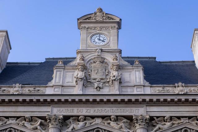 This photograph partially shows Paris' 11th arrondissement town hall building in Paris on October 14, 2025. (Photo by GEOFFROY VAN DER HASSELT / AFP)
