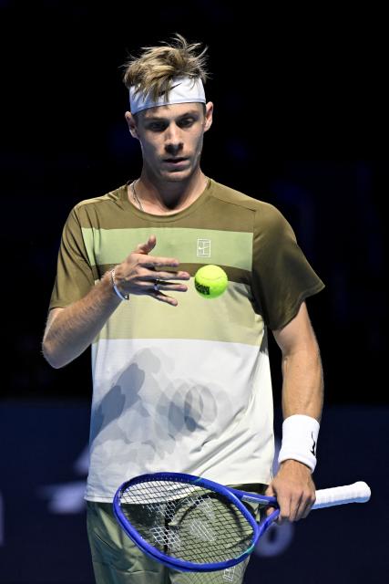Canada's Denis Shapovalov gestures as he plays against Brazil's Joao Fonseca during their men's quarter final match at the Swiss Indoors ATP 500 tennis tournament in Basel on October 24, 2025. (Photo by Fabrice COFFRINI / AFP)